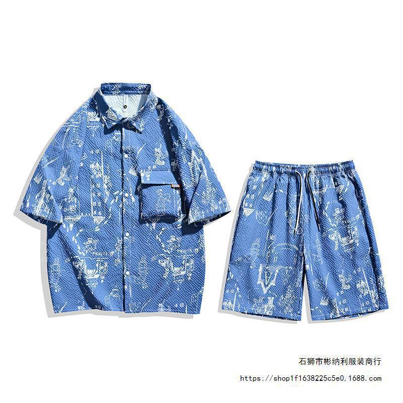 2024 verano nueva camisa de espuma de manga corta + pantalones cortos para hombres camisa de manga de cinco puntos + cinco puntos