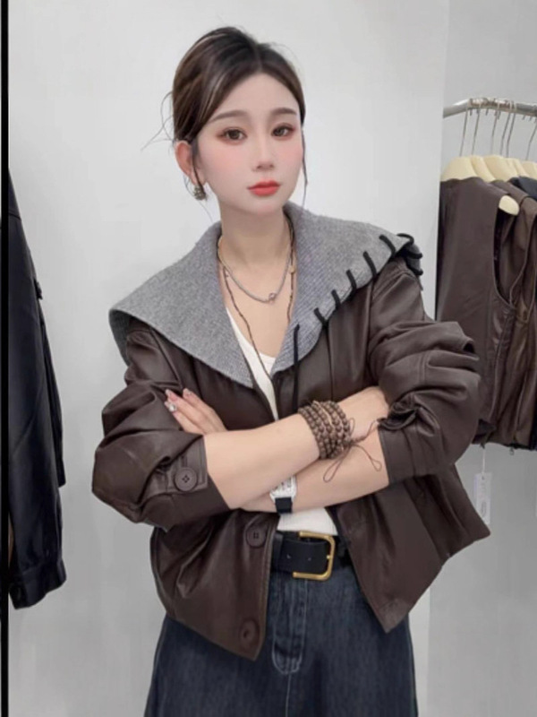 2025春秋新款韩版撞色拼接针织领宽松短款PU皮衣女休闲百搭皮外套|undefined