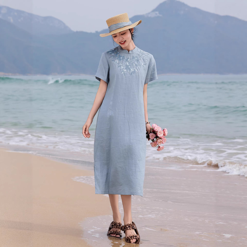 New Chinese-Style Improved Qipao Dress, Linen Embroidered Dress for Women, National Style with Embroidered Shoulders, Artistic Summer New Original Design
