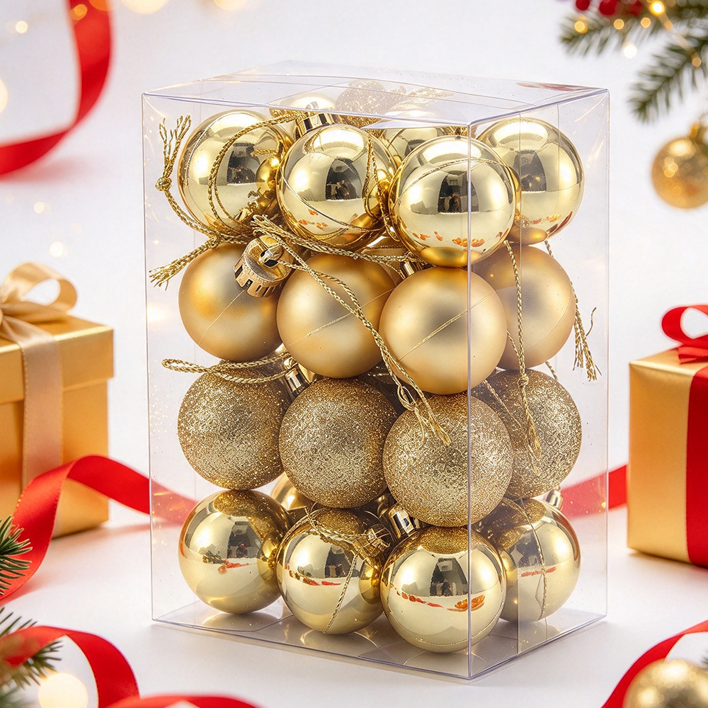 24 Boxed Christmas Decoration Balls, Pink Balls, Plastic Balls, Christmas Tree Decorations, Hanging Ornaments, Store Ceiling Accessories