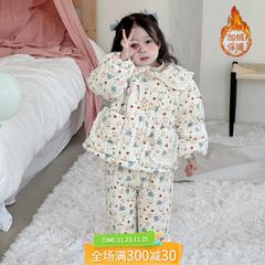 儿童家居服冬款加厚保暖睡衣女宝宝甜美卡通三层夹棉居家外穿套装
