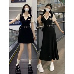 アメリカ式の襟の気質の半袖のワンピースの女性の大きいサイズの夏の大きいサイズのmmは腰を収めてやせている学院のギャルのスカートを現します。