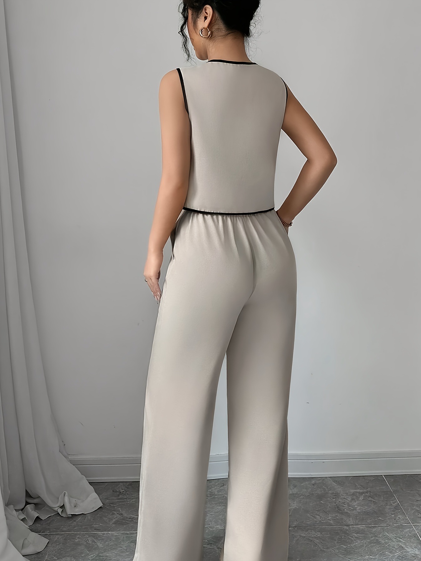 Women's Clothing Contrast Color Bow Tie Shirt Beige Wide Leg Pants Suit_ecoleips.com