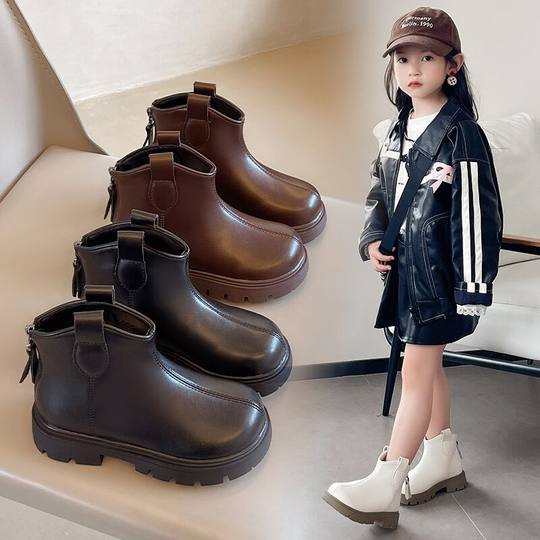 Girls boots 2024 new autumn and winter black fleece-lined short boots children's leather boots winter shoes cotton martin boots