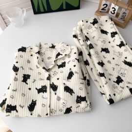 小猫奥利日系卡通睡衣女秋冬季长袖长裤可爱印花翻领家居服跨境潮