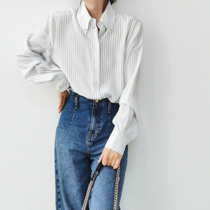 New Commuter Ol Blue Pinstripe Silk Shirt for Women, Shell Button Rhinestone Collar Button Mulberry Silk Long-Sleeved Shirt