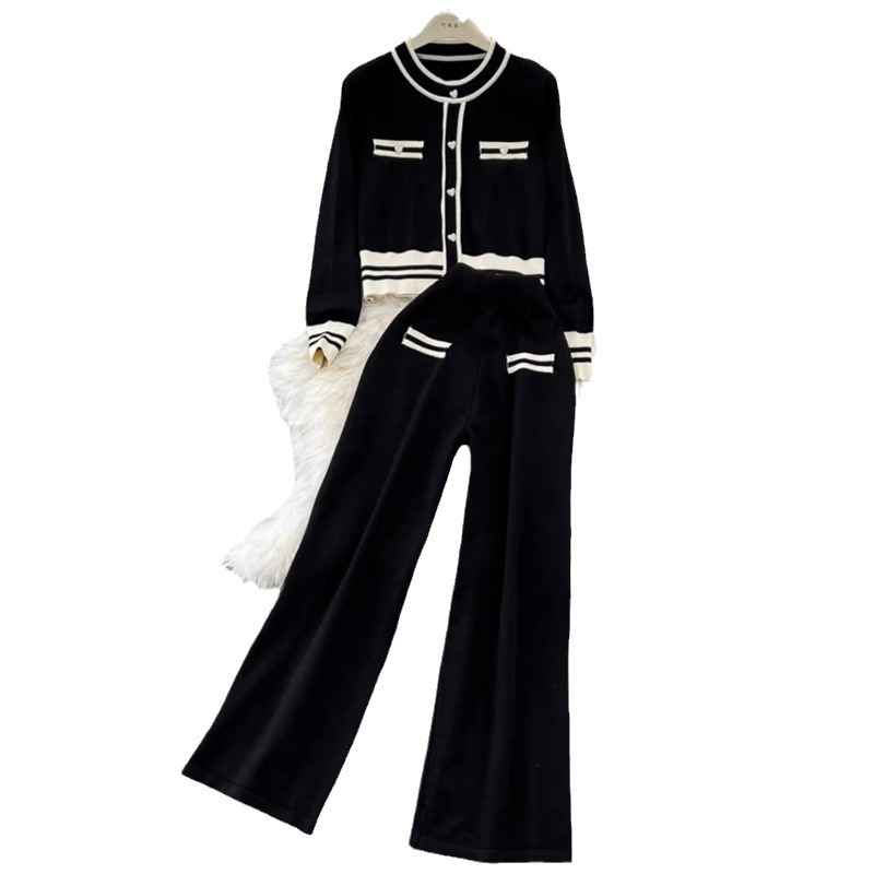 Sieviešu apģērbs, kas samazina vecumu, ikdienas platas bikses, stilīgs, moderns adīts džemperis, brīvs divdaļīgs sieviešu kostīms_voghion.com