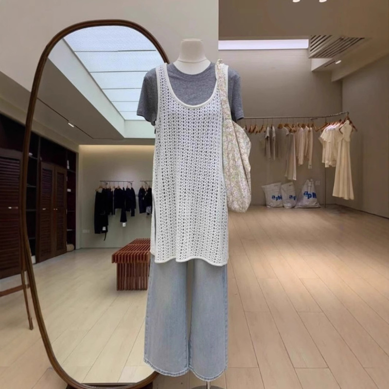 Thirteen Lines Early Spring Dress Summer Hollow Knit Blouse Sleeveless dress Women's Stacked Side Split Stacked Vest Skirt