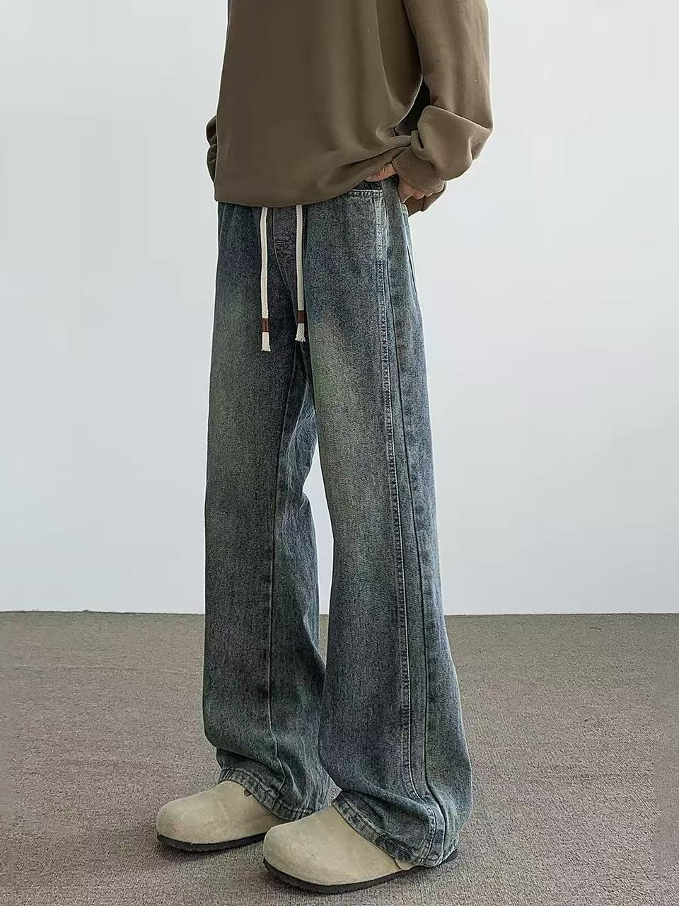 Wide-Leg Drawstring Jeans for Men, Trendy Fashion New Style, Unique Loose Fit, Versatile, Comfortable, Simple, Casual Long Pants