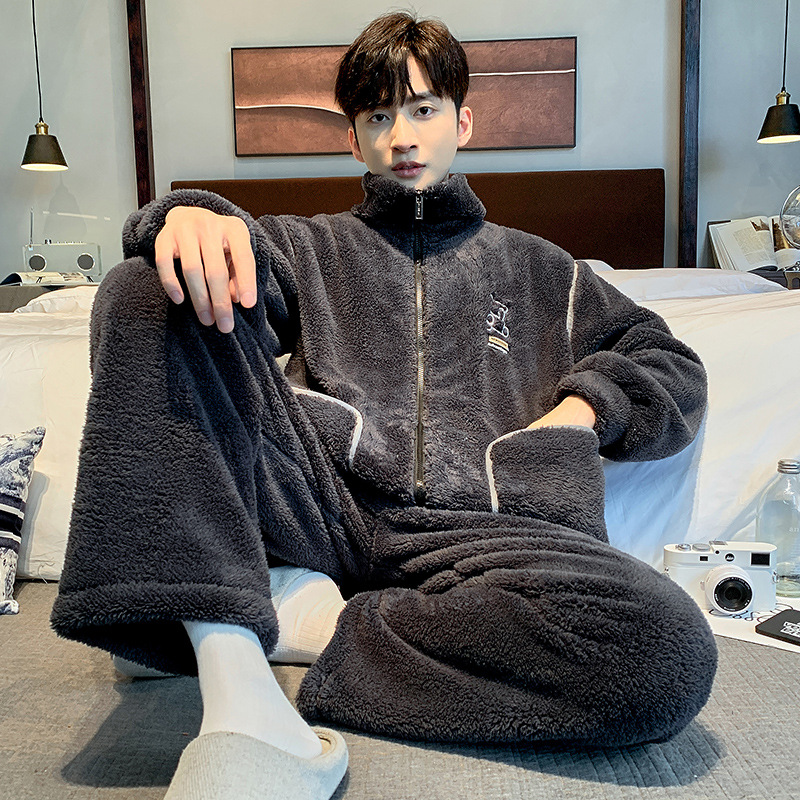 Invierno Nueva cremallera de cuello alto de los hombres más el tamaño de la franela prendas de vestir exteriores de manga larga pantalones de lana de coral cálido homewear