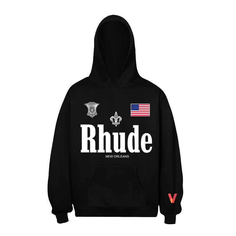 25S跨境欧美潮牌RHUDE几何字母图案印花连帽卫衣男女高街帽衫外套|undefined