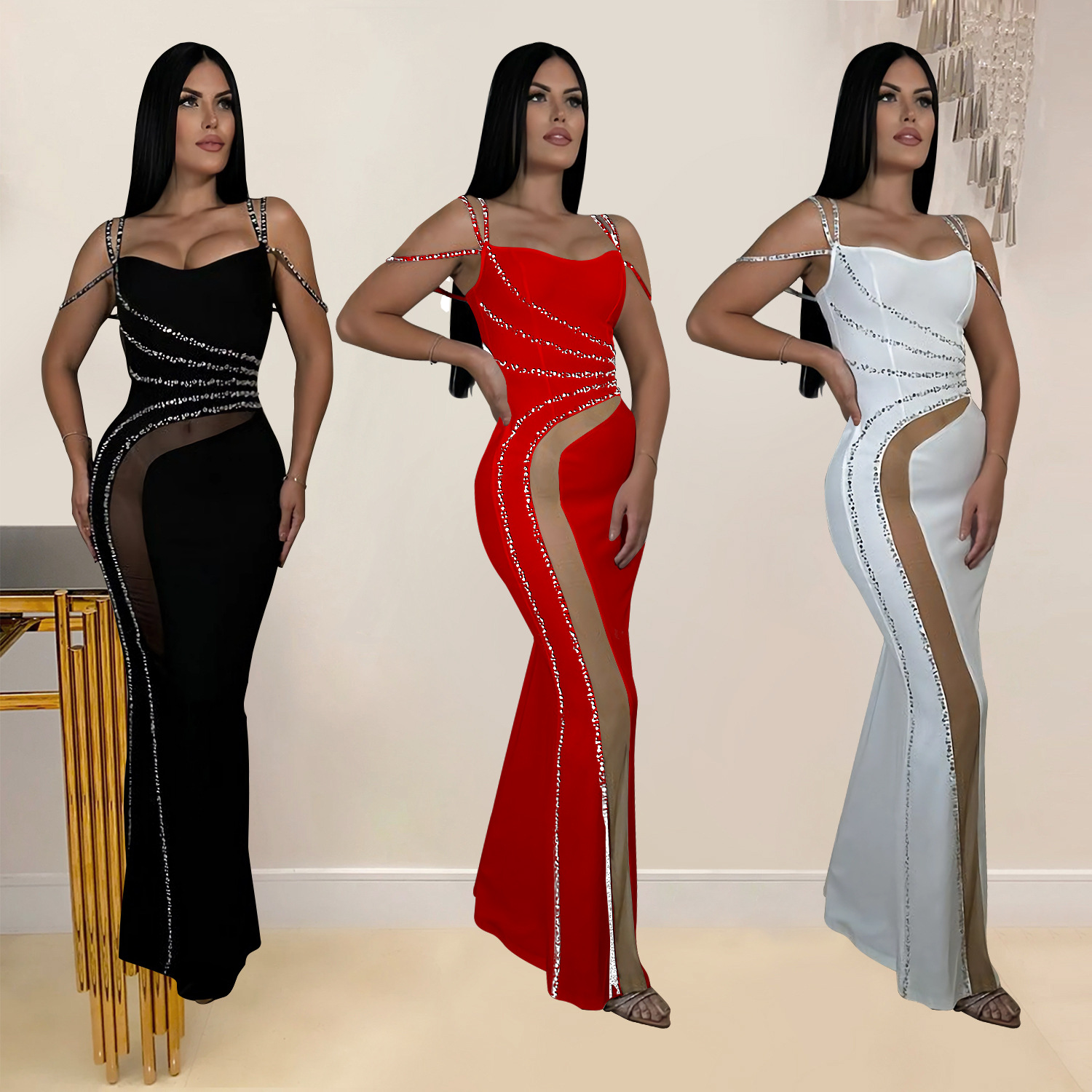 C7027 Cross-border AliExpress Amazon Estación independiente Moda europea y americana Vestido de malla de color sólido de diamantes calientes para mujer Nuevo image 1