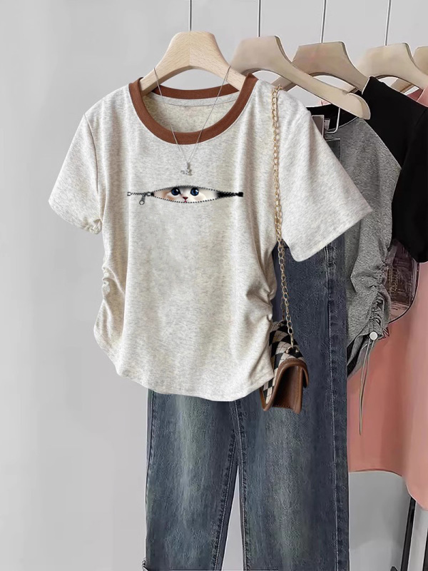 右肩ユニークで美しい半袖レディース Tシャツ 2025 年夏新作人気夏のレディースフィットウエストショートトップ|undefined