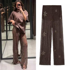 欧美女装串珠亮片长裤女裤夏薄款时尚网纱跨境直筒裤外贸批发