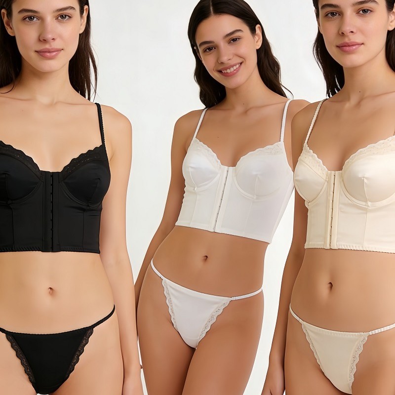 Conjunto de sutiã estilo boêmio com fechamento frontal e costas abertas, em cetim fosco, modelo colete, peça íntima sensual._voghion.com