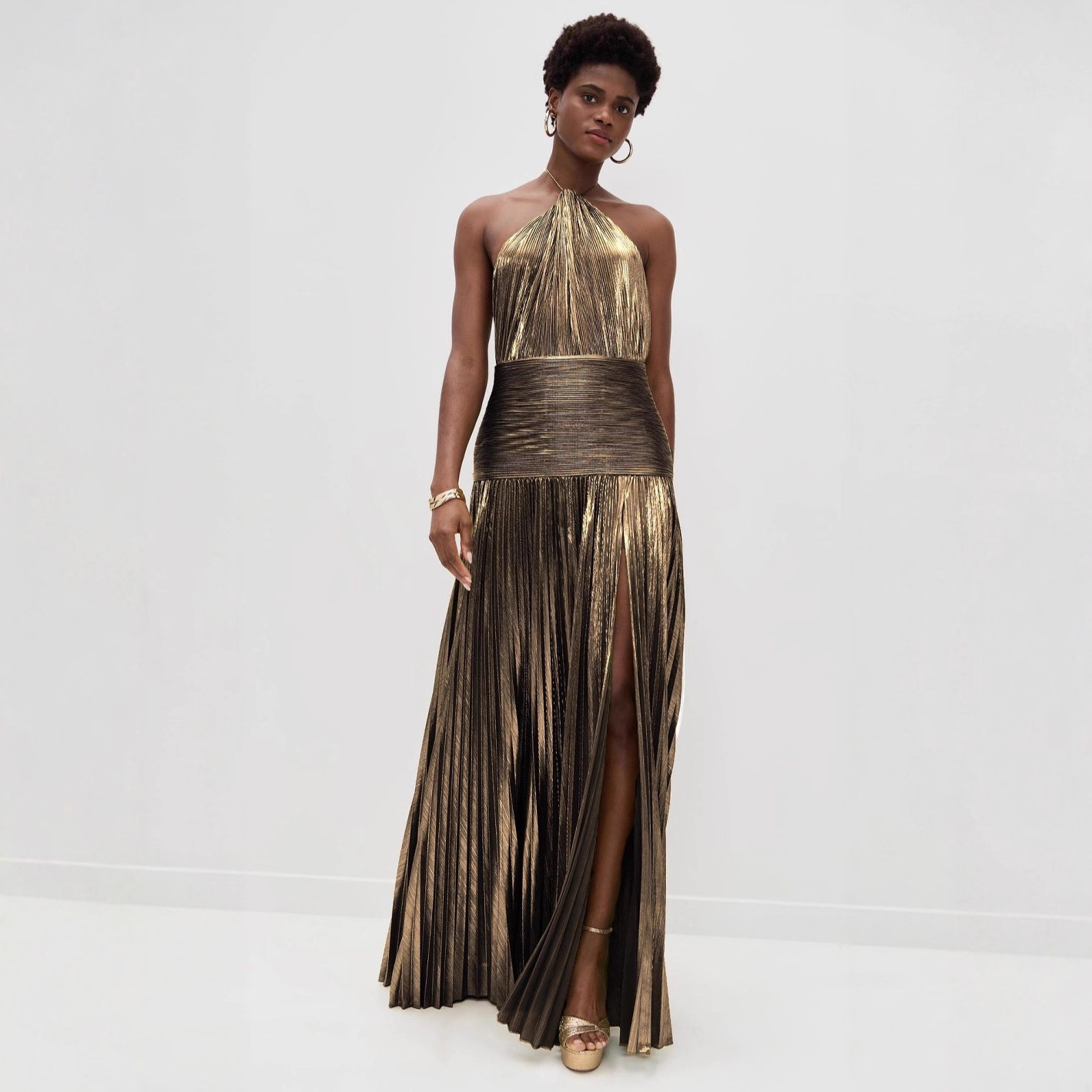 "Women's Metallic Pleated Sleeveless Dress - Backless Tie Neck High Slit Party Dress, Golden/Pinkish/Ancient Gold/Dark Blue/Lake Blue, XS-XXL"_ecoleips.com