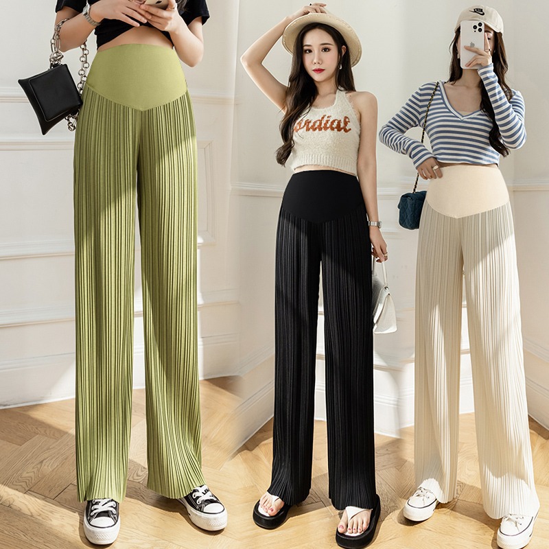 Maternity Pants in Candy Colors for Summer, Thin Pleated Drape, High-Waisted, Straight-Leg, Wide-Leg, Floor-Length, Belly-Supporting Pants for Pregnancy