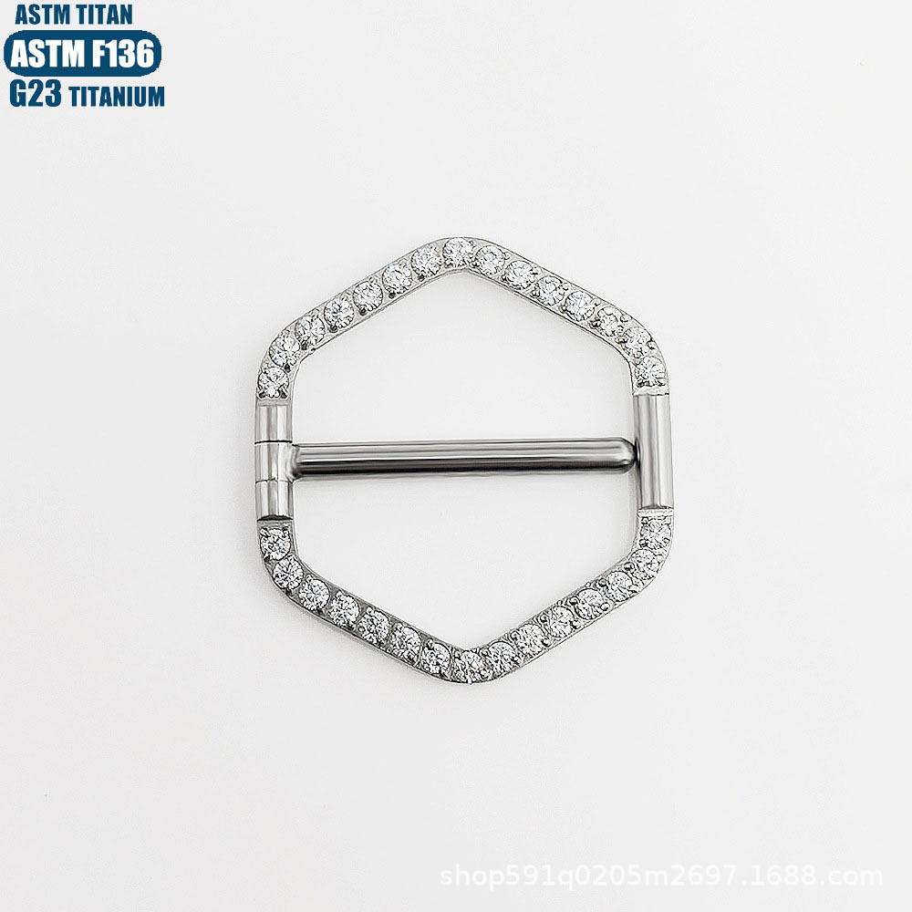 F136 Titanium Alloy Nipple Ring - 14G Hexagonal Zircon Nipple Piercing Jewelry for Men and Women detail image 10