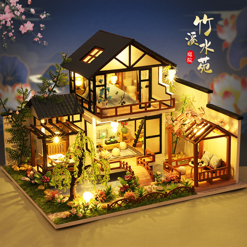 Creative retro National Style diy cottage courtyard villa model hand assembled music box gifts for male and female friends