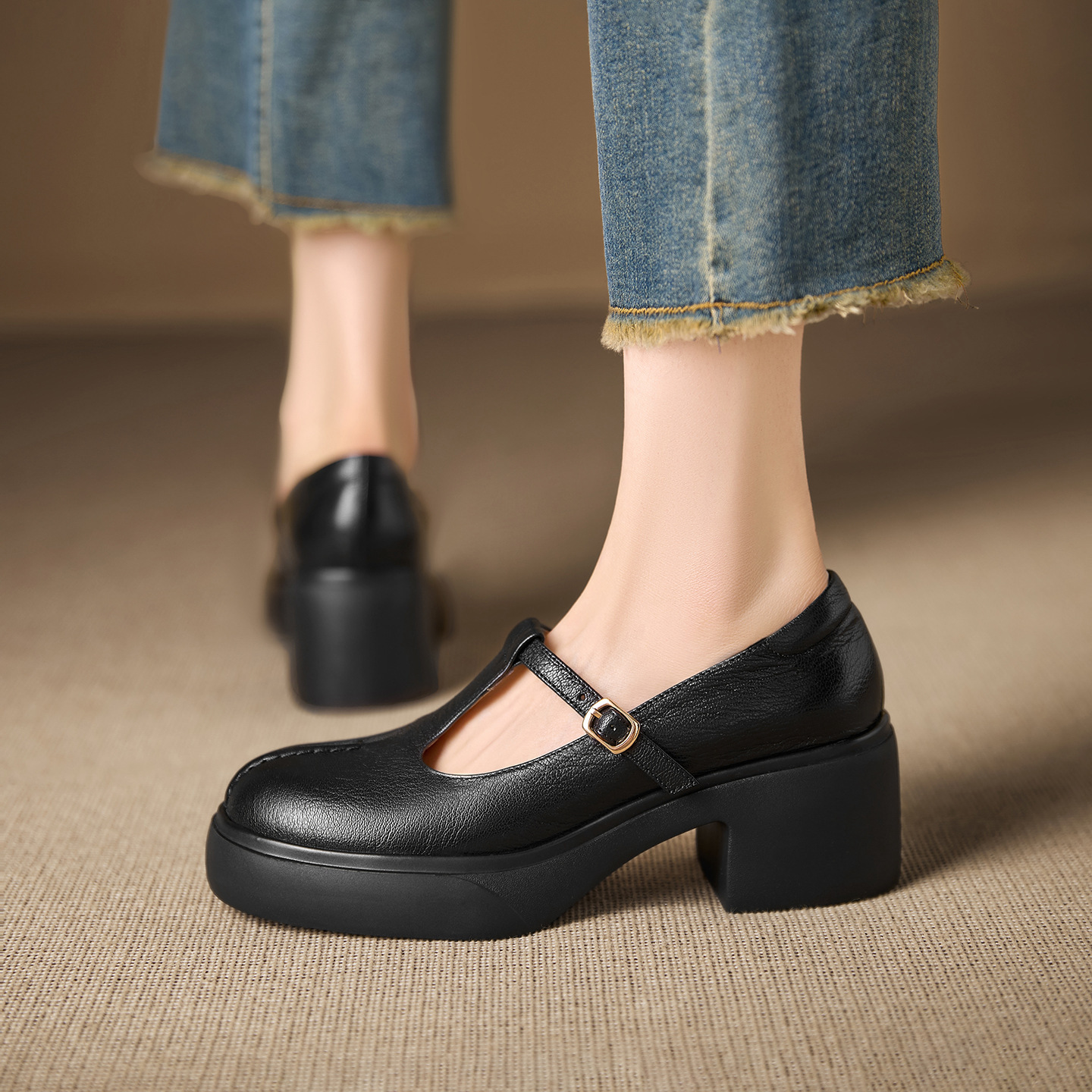 Giày Mary Jane nữ da cừu đế dày gót vuông 6,5 cm quai ngang khóa — đen