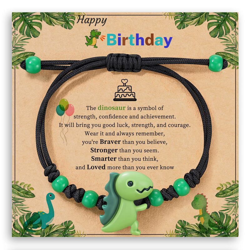 Birthday Gift Dinosaur Bracelet Green Acrylic Round Bead Dinosaur Pendant Adjustable Bracelet Dinosaur Woven Bracelet