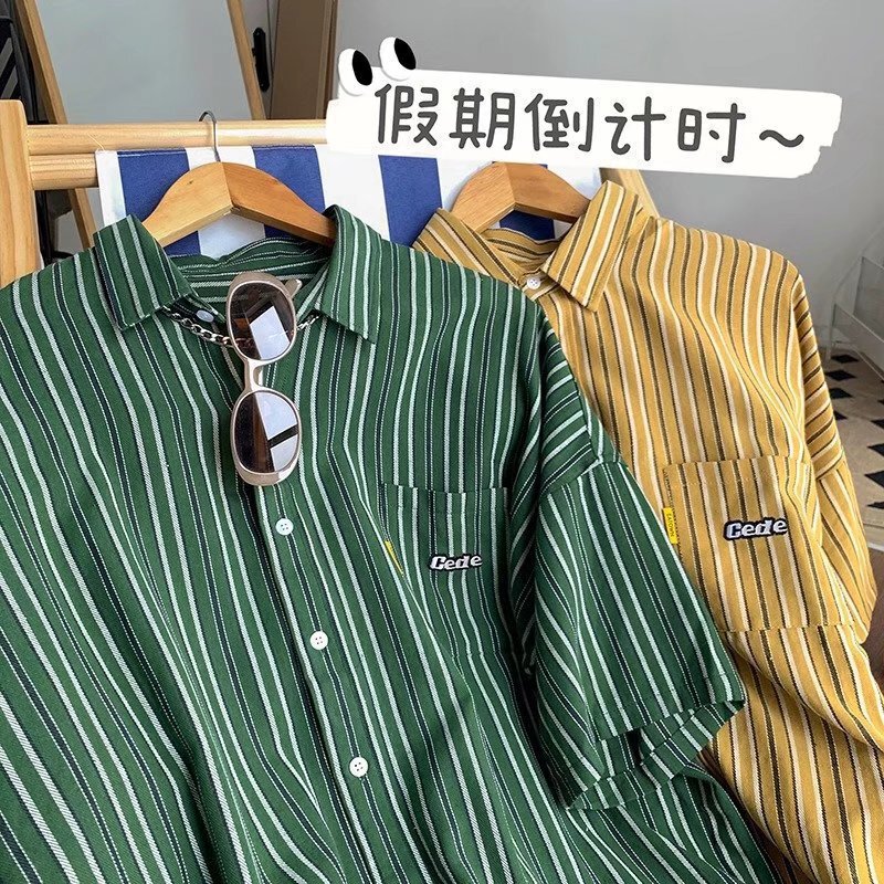 BV Green Stripe Short-sleeved Shirt Men's Summer Trendy Japanese Style Retro Loose Lazy Style Top Casual Shirt Jacket