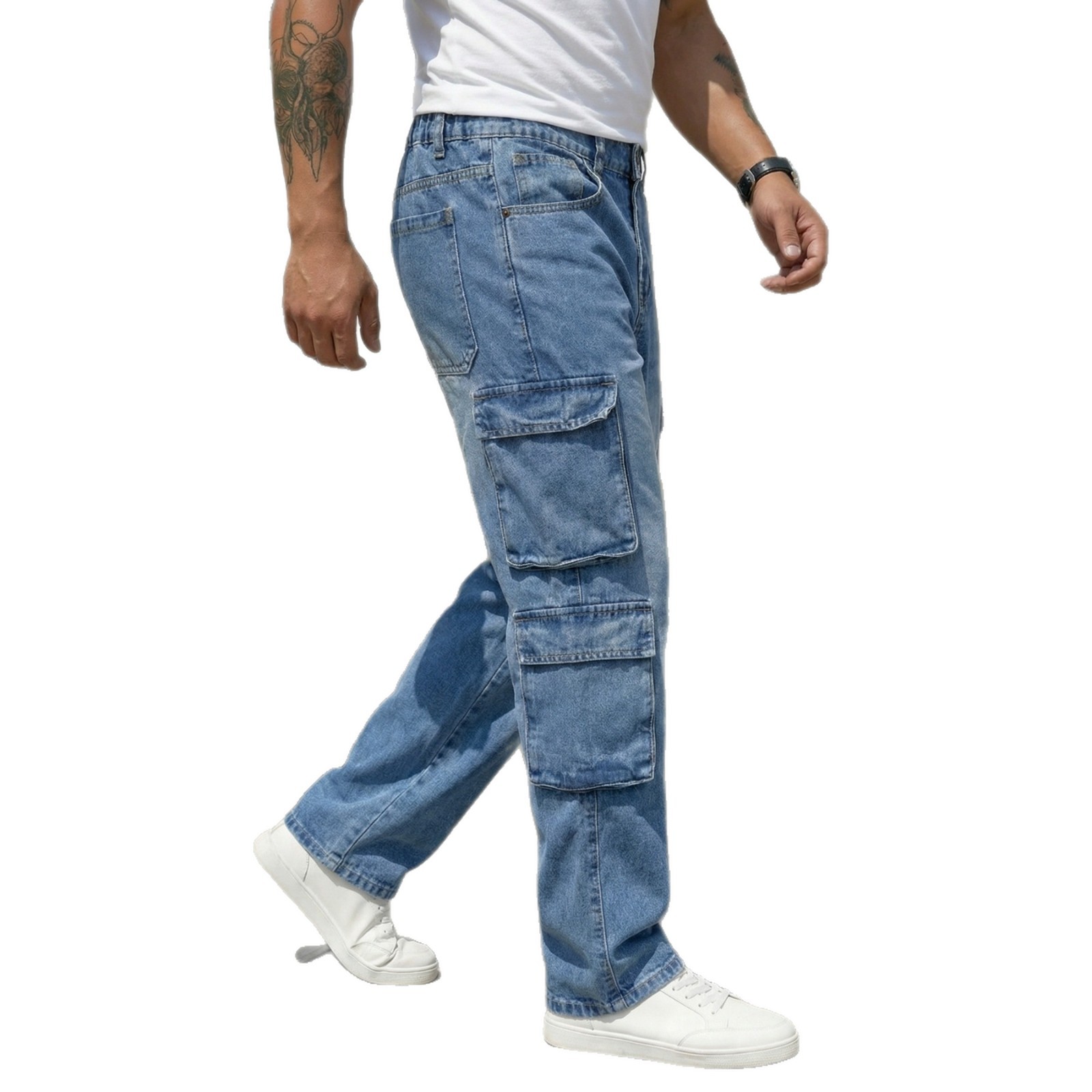 Jean cargo homme coupe droite et ample, taille haute, style rétro américain, pantalon tendance streetwear_voghion.com