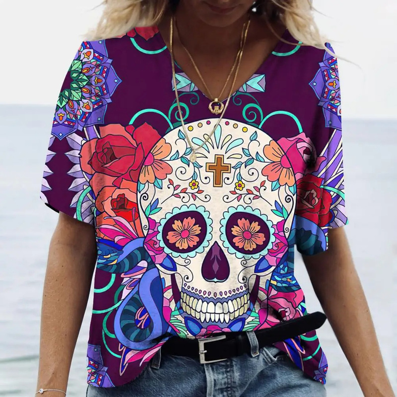 Factory Outlet Women Skull Short Sleeve T-Shirt Casual Shirt, Women V-Neck T-Shirt, New Fashion
