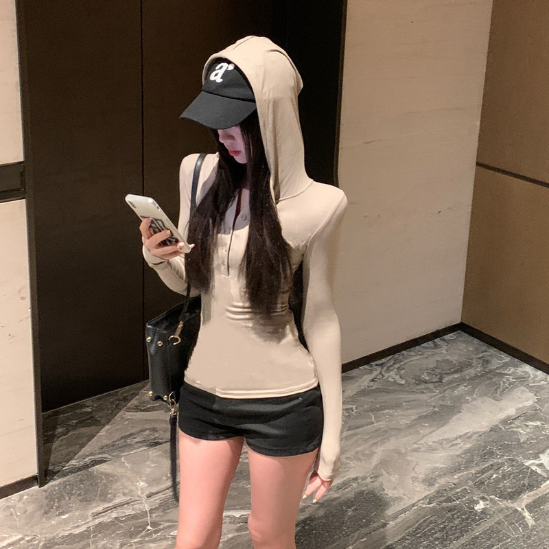 简约美式辣妹修身显身材 半开扣连帽卫衣收腰内搭长袖上衣女黑色|undefined