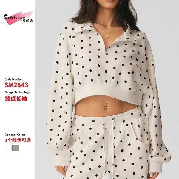 New European and American style athletic half-zip pullover sweatshirt, autumn collection, sophisticated polka dot design, casual long-sleeved yoga top and outerwear