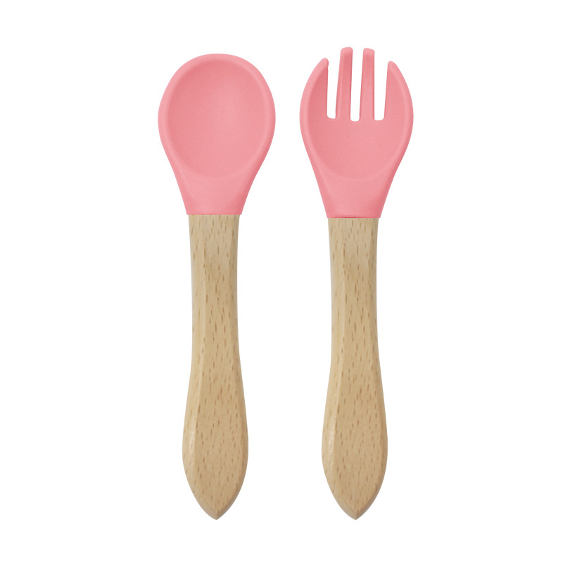 Bebé mango de madera tenedor cuchara traje de alimentación de los niños de madera mango tenedor cuchara conjunto cuchara de silicona tenedor bebé alimento suplemento tenedor cuchara traje image 9