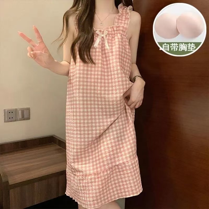 Venta al por mayor transfronteriza con almohadilla para el pecho pijamas para mujer verano espuma camisón camisón ropa a domicilio dulce y linda almohadilla para el pecho desmontable