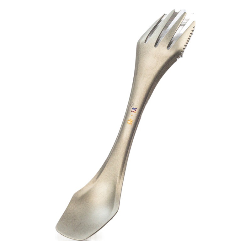 Cuchara, cuchillo y tenedor de titanio puro para exteriores Kangtai, tenedor de titanio tres en uno, cubiertos de titanio ligeros y portátiles para acampar, multifuncionales.