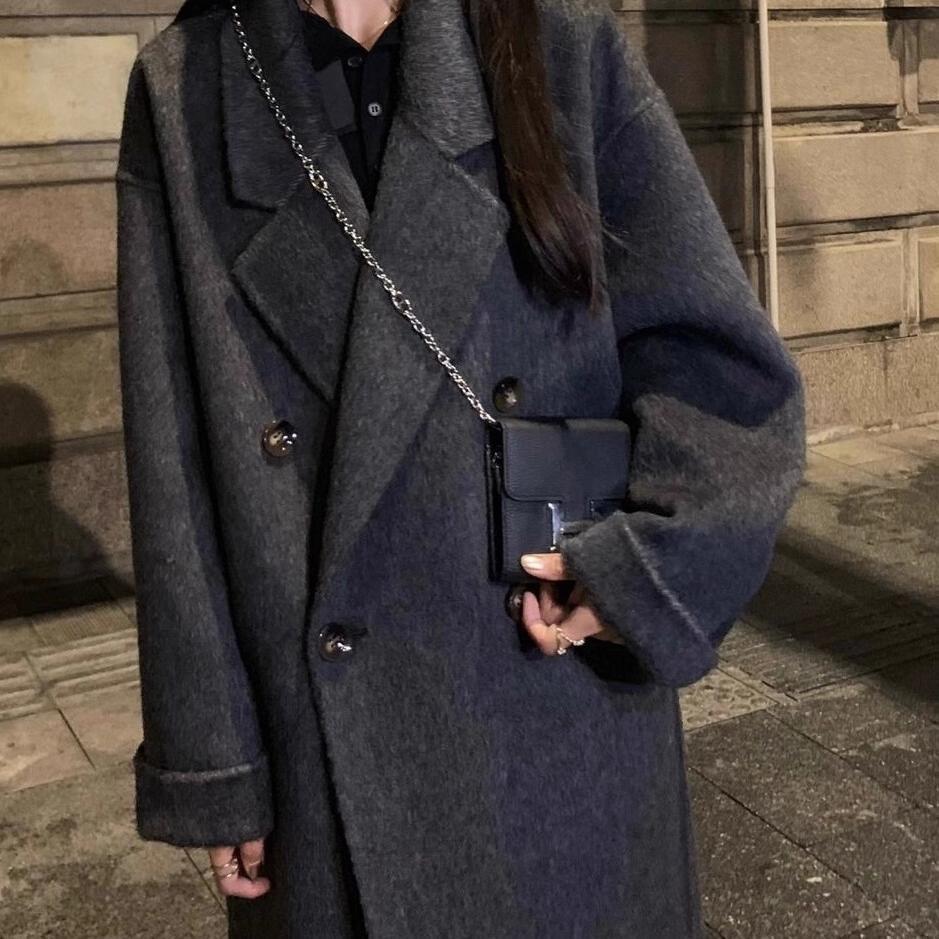 Black and Gray Wool Cashmere Coat for Women, New Autumn and Winter Hepburn Style Petite Woolen Coat