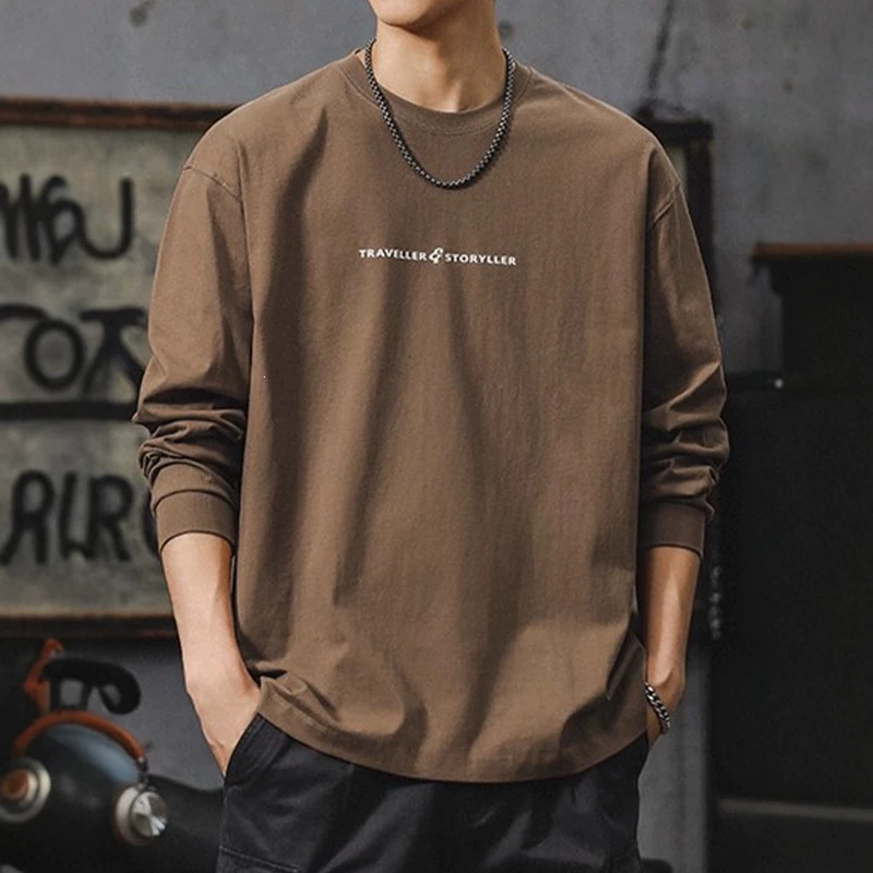 260g American retro high-end coffee-colored long-sleeve T-shirt for men, trendy brand, loose casual pure cotton top, base shirt, sweatshirt