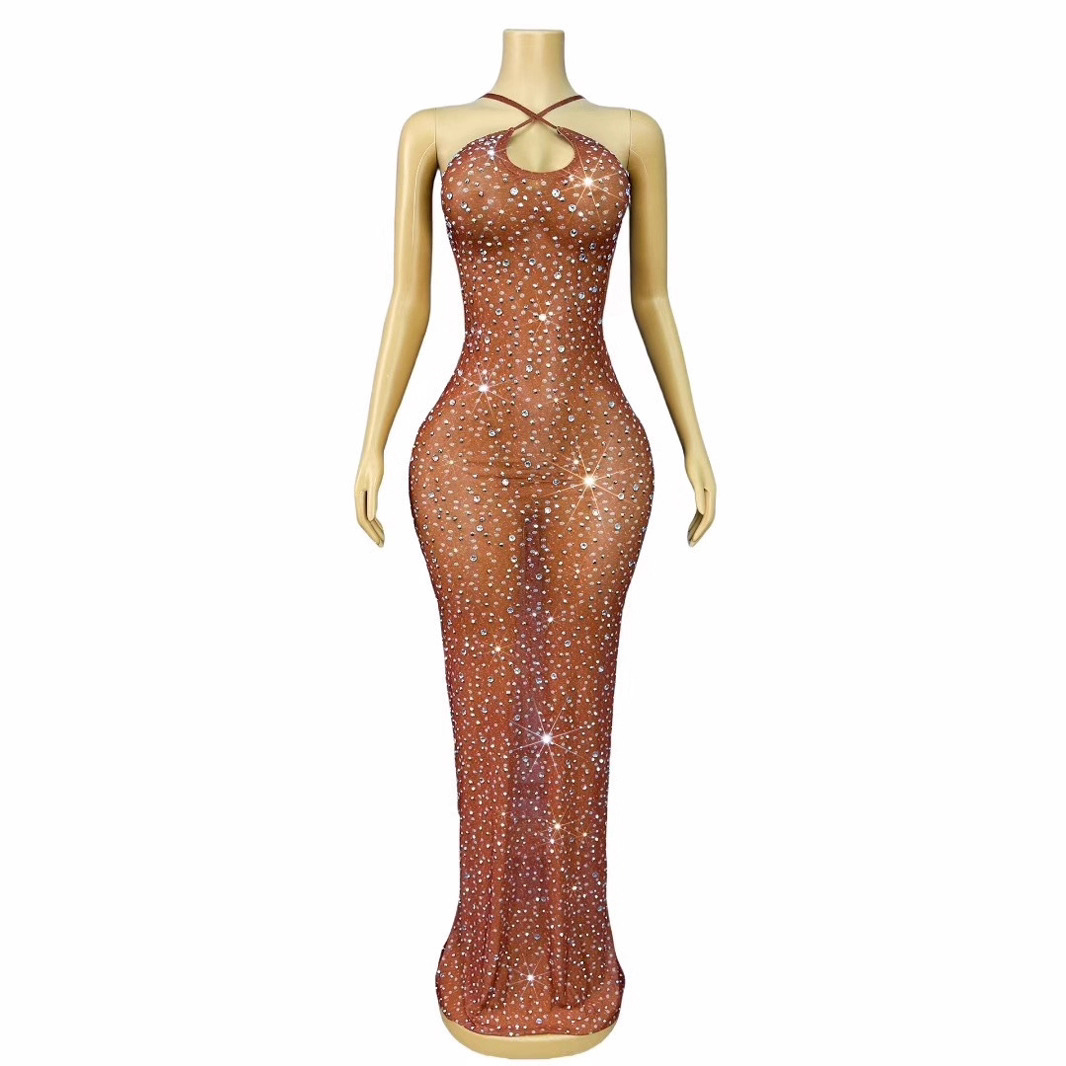 Cross-Border Performance Clothing Red Rhinestone Slim Sexy See-Through Mesh Ball Floor-Length Backless Heavy Nightclub Dress