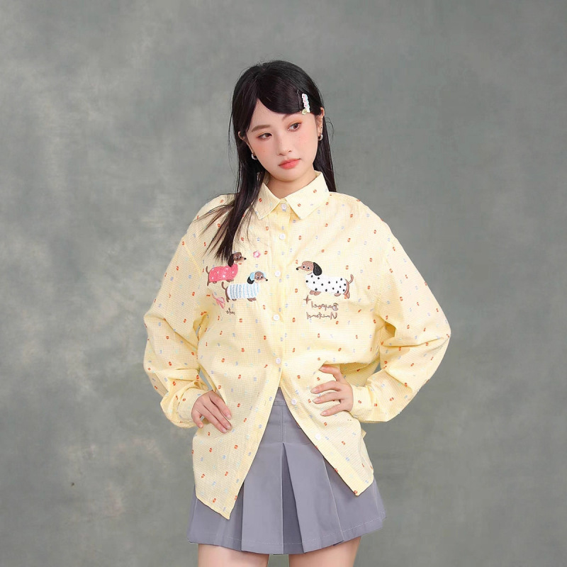 American Retro Fun Embroidered Dog Long-Sleeve Shirt for Women 2025 Spring and Autumn New Loose Versatile Couple Shirt Trendy