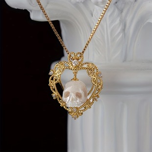 Temu/Shein New Gothic Copper Micro-Paved Zircon Heart-Shaped Skull Cut Out Pendant Necklace