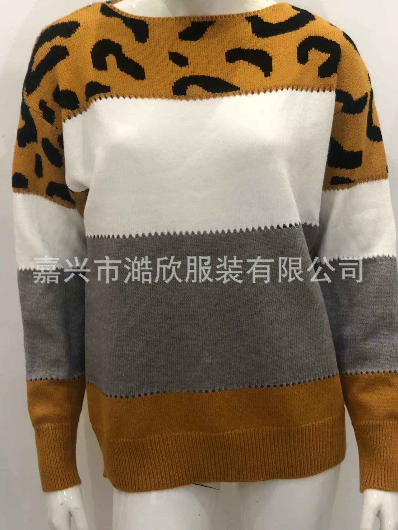 跨境欧美新款针织衫女2022秋冬豹纹套头拼色一字领女式毛衣打底衫 pic 12