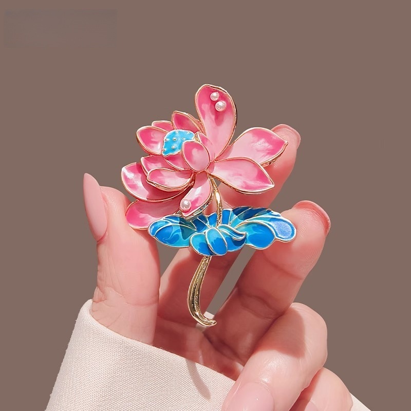 Antique National Fashion Enamel Oil Dropping Lotus Brooch Women's Exquisite High-end Retro Corsage Pin Hanfu Cheongsam Accessories