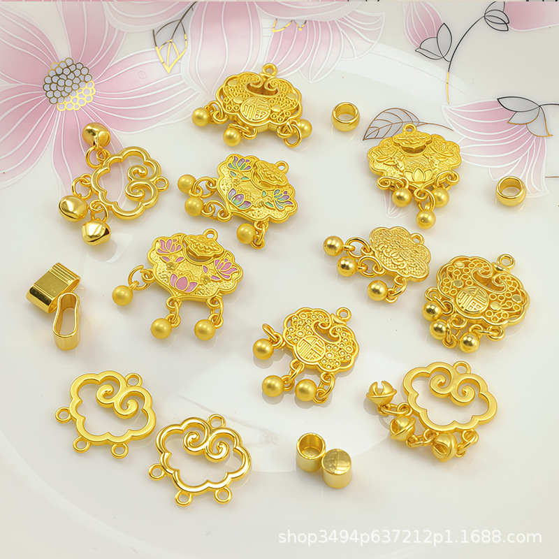 Plated Matte Gold Seal Glaze Long-Lasting Color-Preserving Longevity Lock Safety Buckle Necklace Pendant Sand Gold Accessories DIY Chinese Style Elements