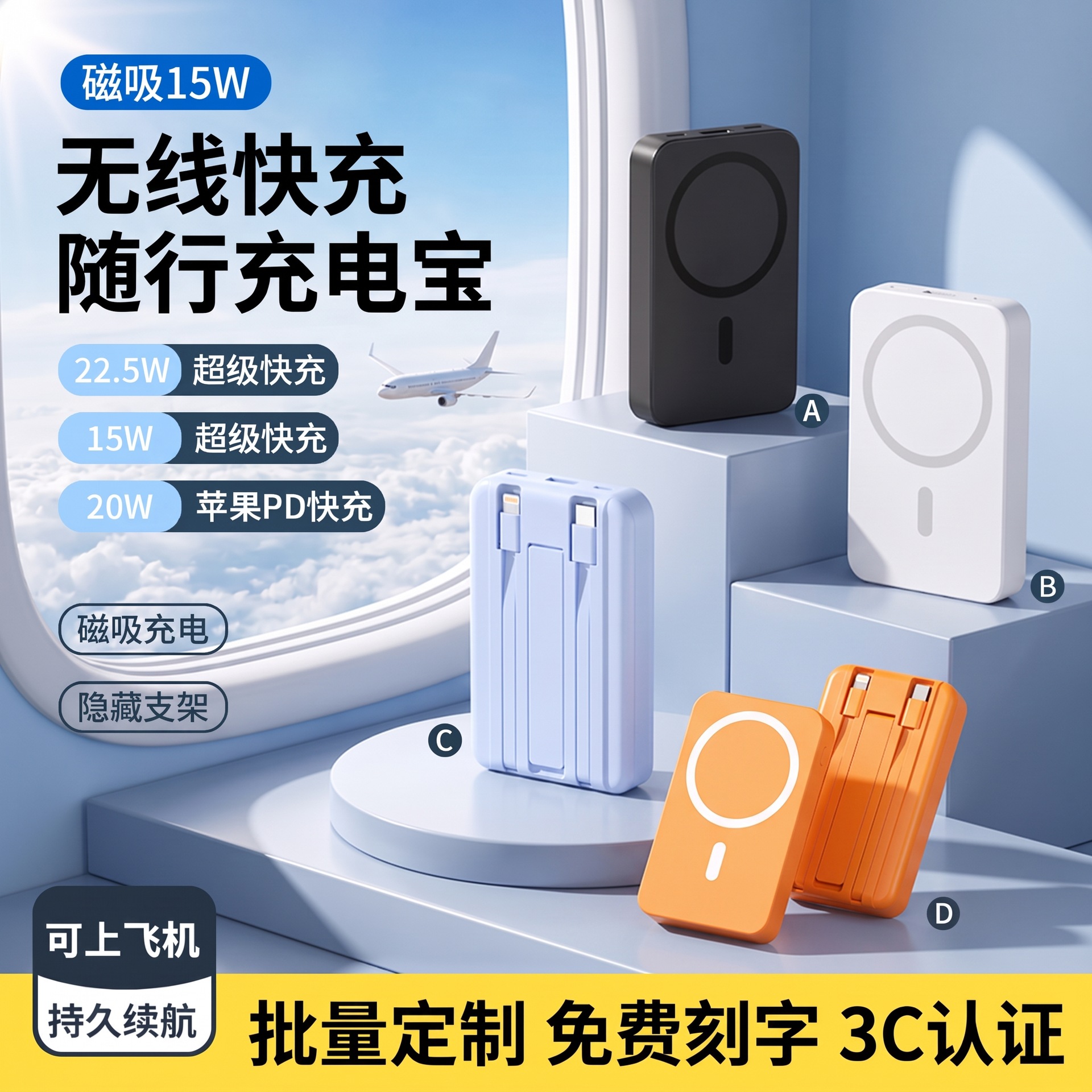 Magnetic Power Bank with 3C Certification, Fast Charging, Built-In Cable, Super Large Capacity, Portable Mobile Power Bank, Customizable Logo