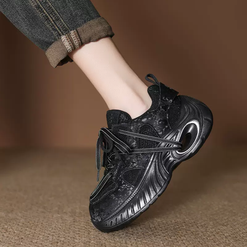 真皮设计师款2025秋冬新款小个子休闲运动老爹鞋松糕跟网面女鞋