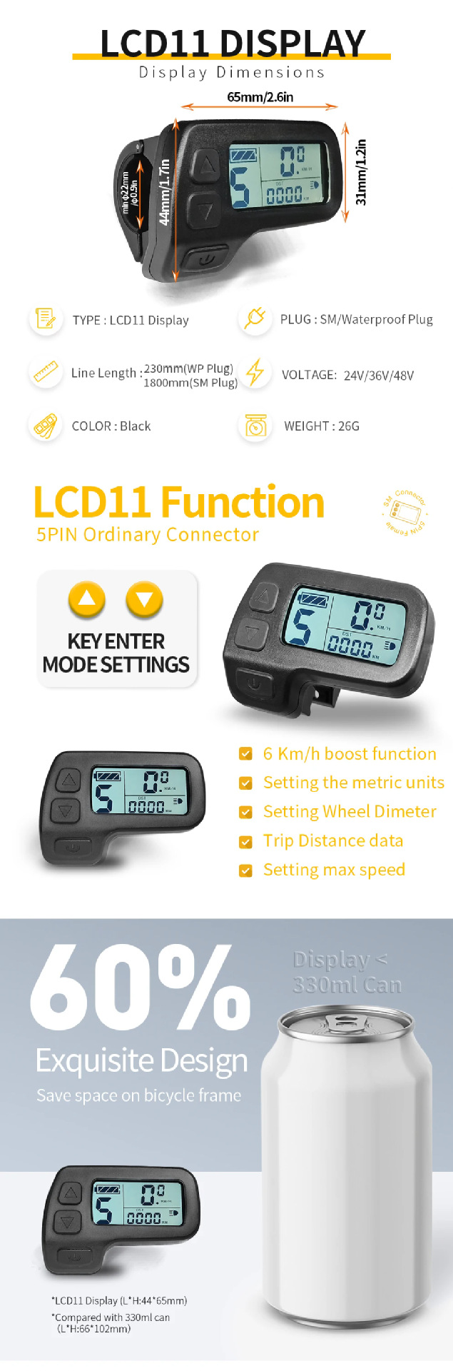 Cross-Border Hot Selling Bicycle Modified Electric Assembly Kunteng Kt-Lcd11 Lcd Instrument/Sm Connector