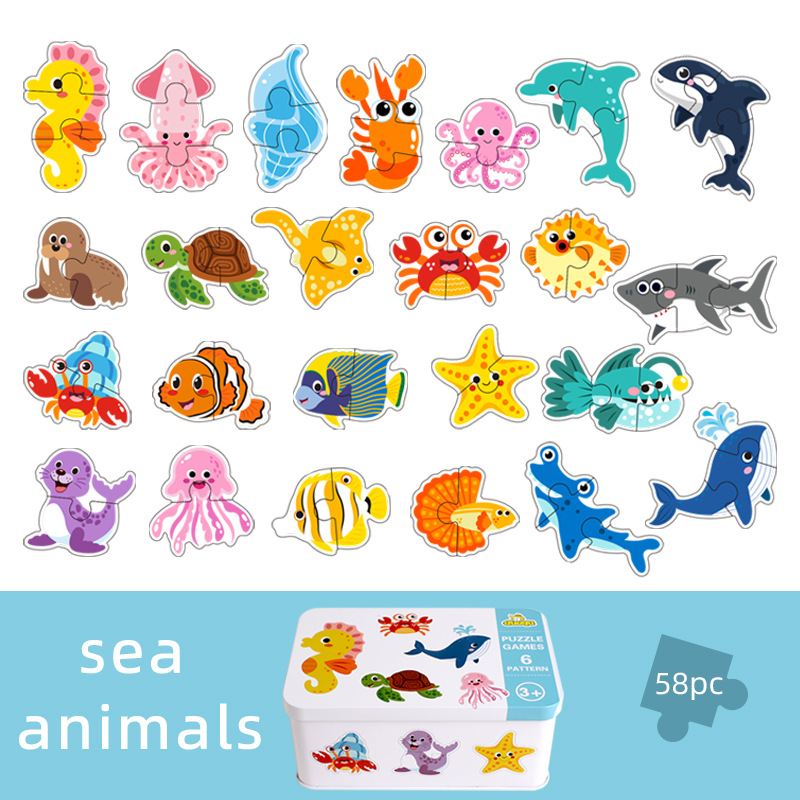 Caja de hierro transfronteriza iluminación cognitiva emparejamiento rompecabezas dinosaurios marinos infantiles puzzle animal puzzle madera juguetes de educación temprana image 7
