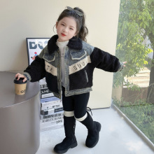 女童冬装加厚外套2025新款中小童炸街牛仔外套拼接儿童保暖棉服潮