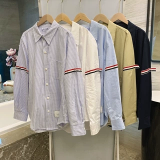 新款TB卡其长袖牛津衬衫男女同款四条杠红白深蓝条纹宽松衬衣外套