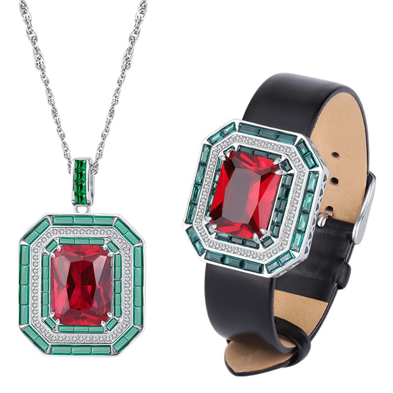 Zhuang Sheng joyería nueva S925 todo el cuerpo plata TikTok Venta caliente simulación rojo corindón cuadrado marca de joyería de lujo