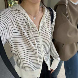 条纹宽松连帽毛衣开衫女秋季宽松慵懒风韩系休闲针织外套拉链上衣