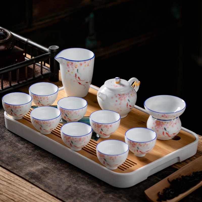 Juego de té de Kung Fu de cerámica de estilo japonés traje de hogar pintado a mano porcelana blanca sancai Tazón de cubierta taza de té tetera